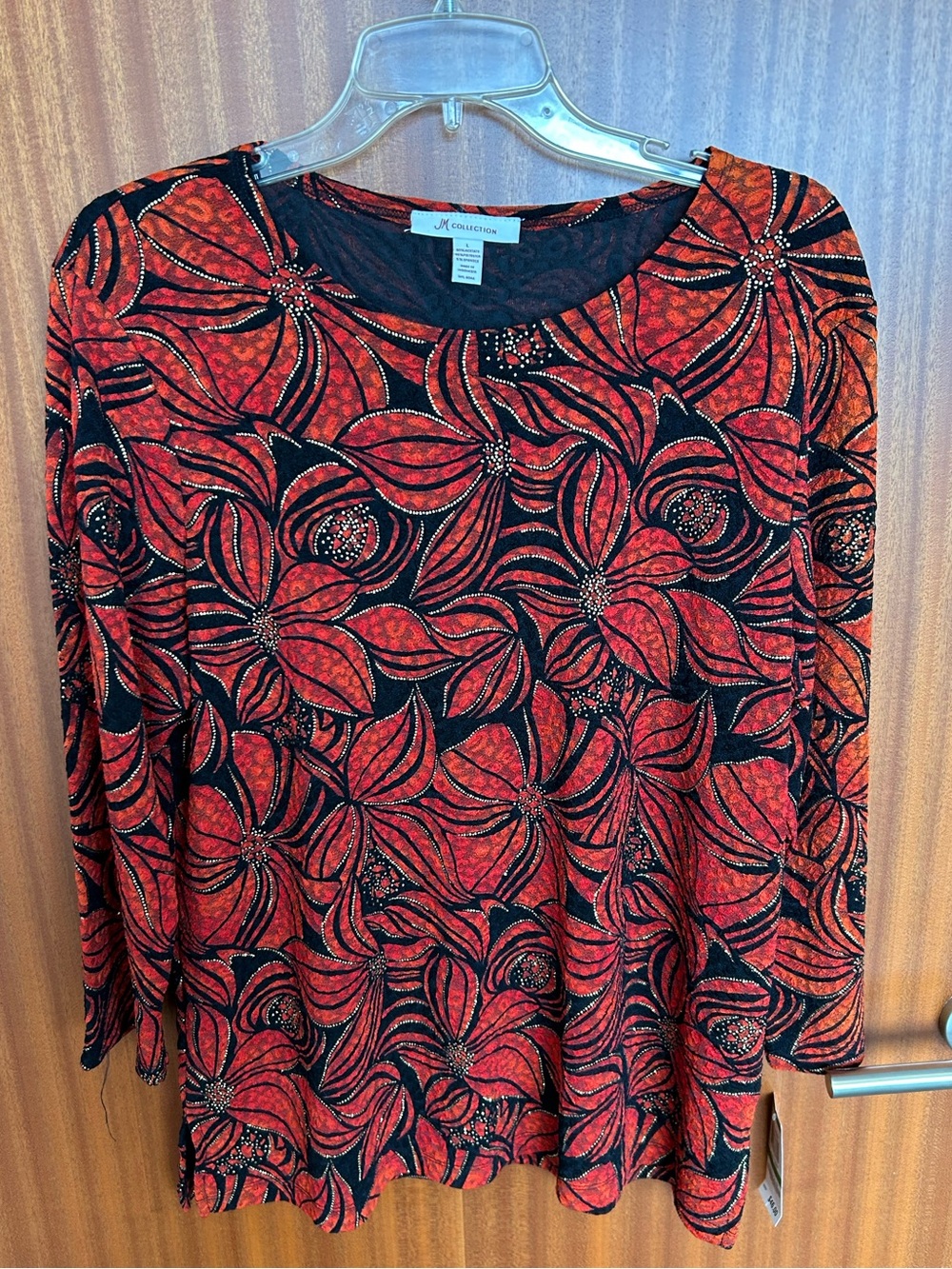 JM Collection Red and Black Floral Long-Sleeve Scoop Neck Top